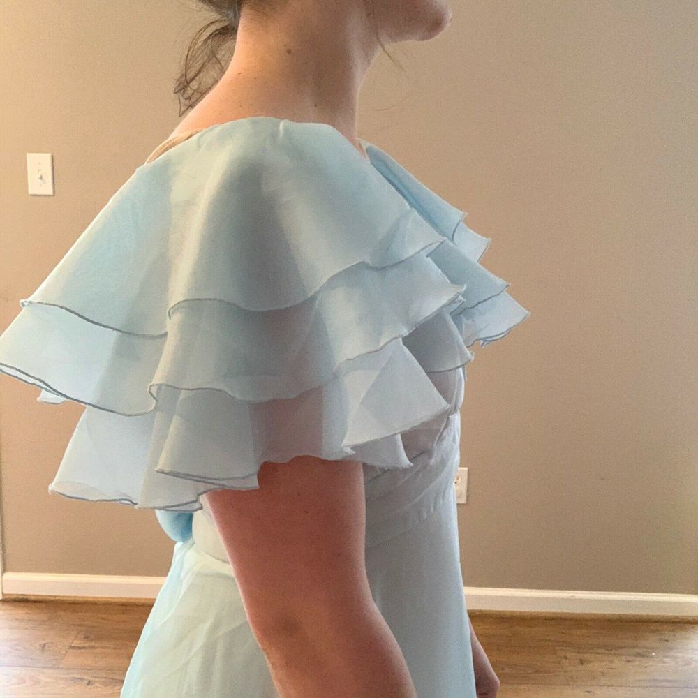 Vintage 1970s Prom Dress Formal Gown Blue Chiffon - Picture 5 of 8